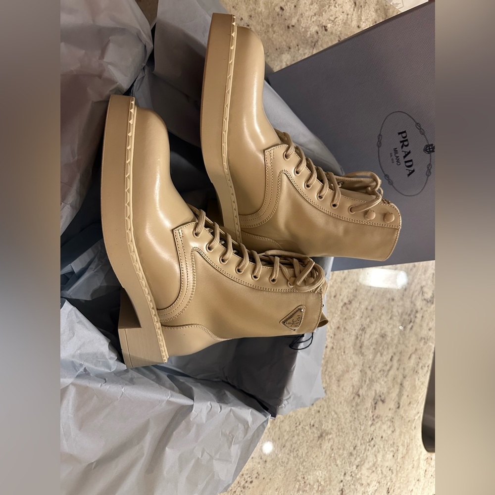 Prada Brushed-leather and Re-Nylon boots, size 39 beige